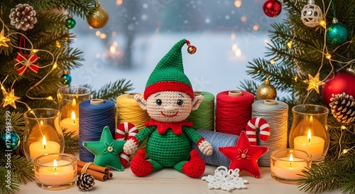 Crochet Christmas Elf with Festive Decorations – Cozy Holiday Scene, Handmade Christmas Craft, High-Quality