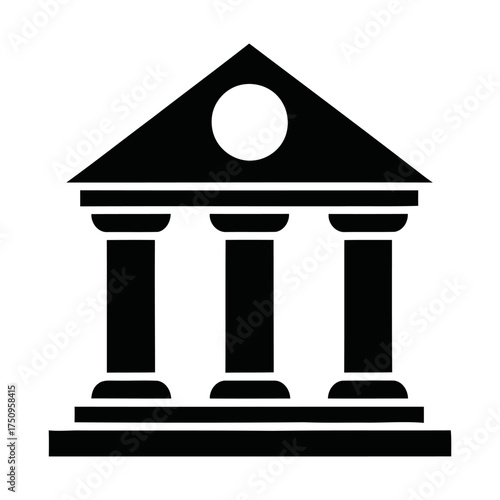 Geometric Black Building Icon with Three Pillars and Triangular Roof