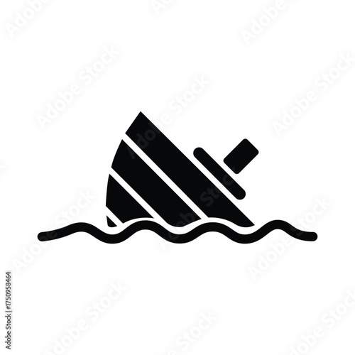 Incomplete sunken black shipwreck shows a tragic event within wavy water in transparent background