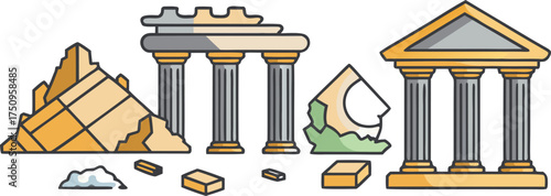 Ancient ruins and architectural elements in warm and cool tones columns broken stone