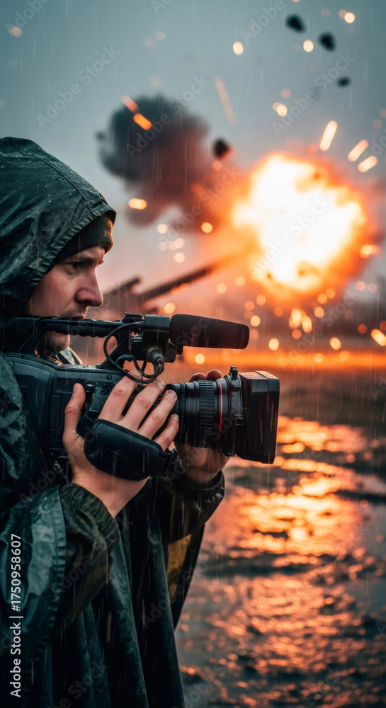 Obraz premium Man video journalist filming explosion with professional camera in rain. War correspondent covering conflict zone news report.