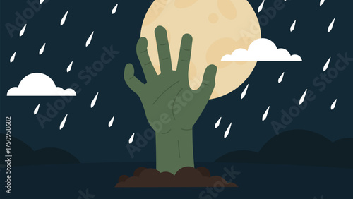 Zombie hand rising under full moon night