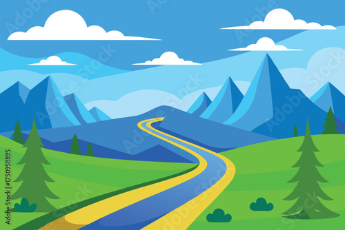 landscape with winding road  mountains vector illustration