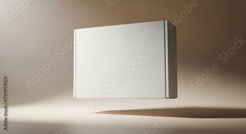A clean white box mockup is floating, casting a soft shadow on neutral backdrop.