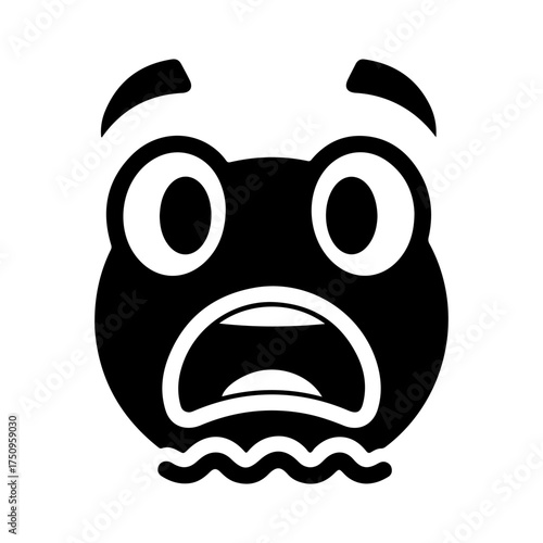 Minimalist Black and White Scared Face Icon with Wide Eyes and Open Mouth