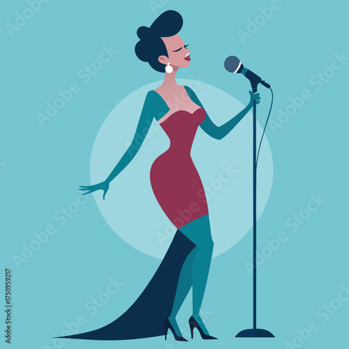 Elegant Jazz Singer Performing on Stage with Microphone Under Spotlight Artistic Rendition