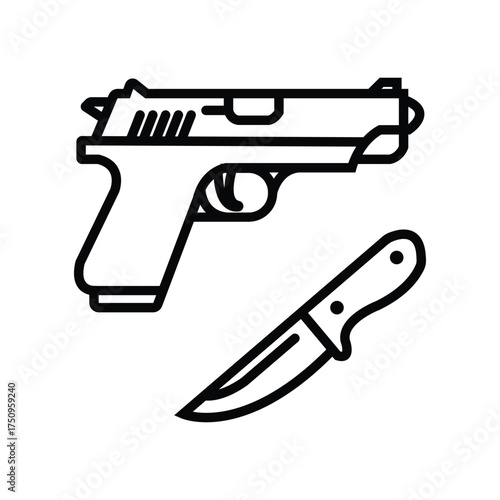 shows a detailed black outline drawing of a gun and knife