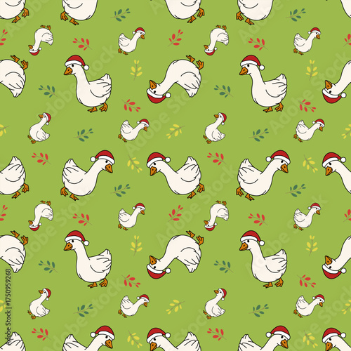 Festive Cartoon Geese in Santa Hats Seamless Pattern