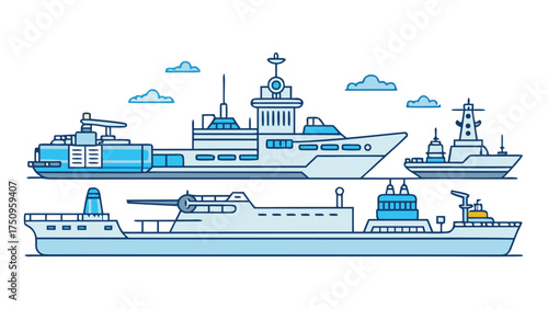 Various naval vessels and cargo ships depicted with blue and white colors boat navy