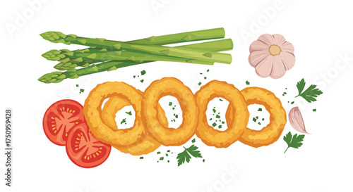 Crispy onion rings with fresh asparagus and juicy tomatoes served with creamy dipping sauce.