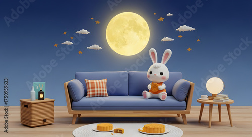 Adorable Bunny Celebrating Mid-Autumn Festival with Mooncakes on a Cozy Sofa Under a Glowing Full Moon