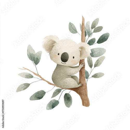 Watercolor, a simple, cute, and adorable baby koala on a tree branch.