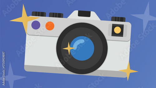 Camera with blue lens in flat cartoon