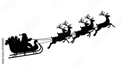 White linework shows Santa in a sleigh pulled by reindeer on transparent background. Ideal for holiday cards, digital art, or festive posters.