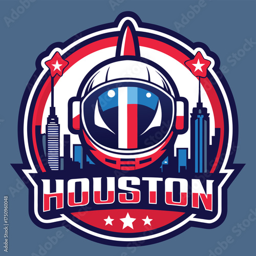 Houston Skyline with Astronaut Helmet and Patriotic Colors Graphic Badge Design for City Pride and Space Exploration Themes Unique Vector Illustration
