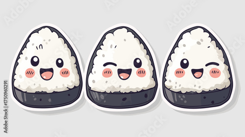 Cute Onigiri Sushi Characters, Japanese Sticker Art, Whimsical Design, Food Illustration, Cheerful Vibe