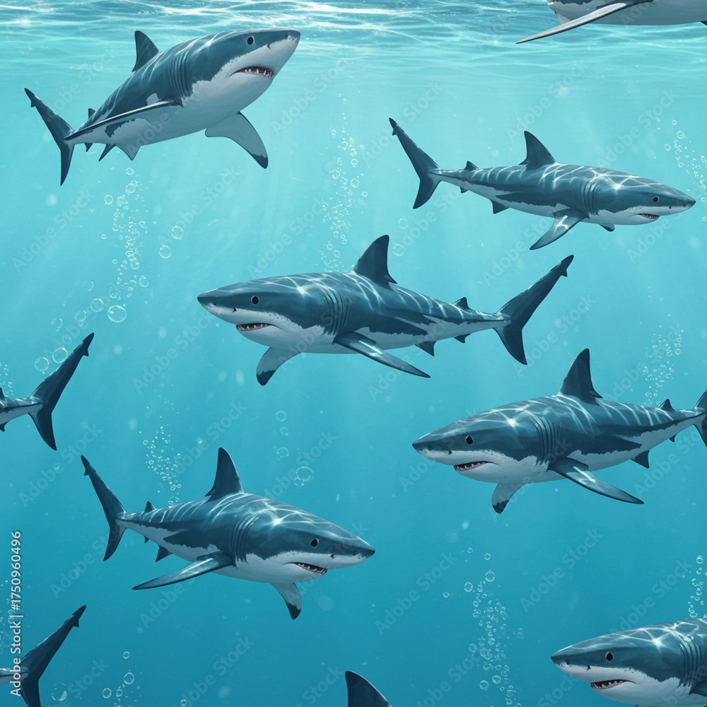 Obraz premium Realistic 3D Shark Bed Sheet Design with Ocean Background