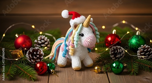 Cute Crocheted Unicorn with Santa Hat – Cozy Christmas Scene, Festive Handmade Holiday Decoration