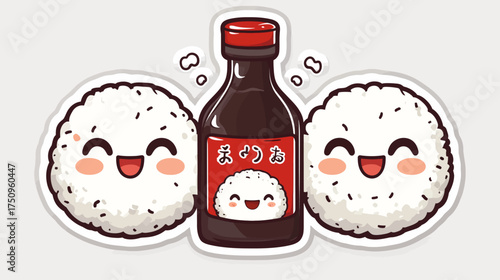 Cute Onigiri Characters with Soy Sauce Bottle, Japanese Sticker Art, Food Illustration, Cartoon Style, Playful Vibe