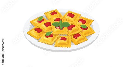 A delightful plate of ravioli served with a rich tomato sauce and fresh basil garnish.