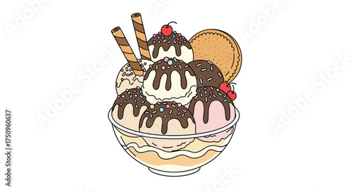 A delightful and indulgent ice cream sundae piled high with scoops and toppings.