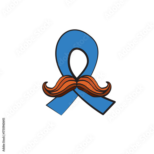 Blue ribbon with moustache symbol of november mens health month. Doodle style Blue ribbon and moustache isolated on white background. Sticker , label and icon of prostate cancer awareness