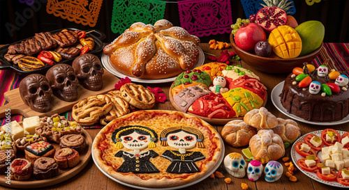 Day of the Dead Altar with Traditional Mexican Food  Decorations 