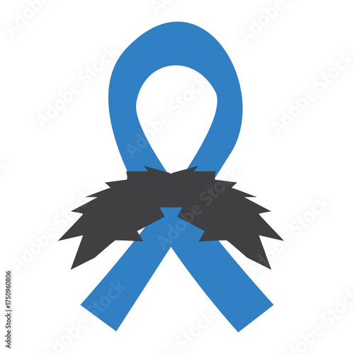 Blue ribbon with moustache symbol of november mens health month. Doodle style Blue ribbon and moustache isolated on white background. Sticker , label and icon of prostate cancer awareness
