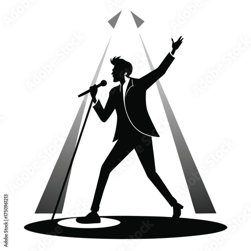 Silhouette of a Male Singer Performing on Stage with Spotlight Beams and a Microphone in Hand Dressed in a Suit Showing Professionalism and Style