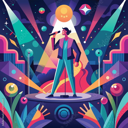 Vibrant illustration of a singer performing on stage with colorful spotlights and a dynamic geometric background creating a visually appealing and energetic performance atmosphere