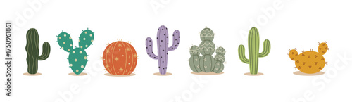 Colorful cute cactus collection vector illustration. Minimal flat desert succulents set with pastel colors for boho design, stickers, prints, posters, pattern, home decor, kids room, and summer theme.