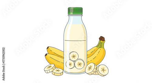 Delicious banana milk drink with fresh fruit and sliced pieces.