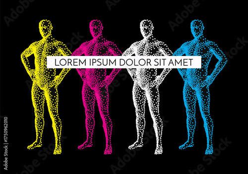 Four 3D models of the human body. Stipple effect. Color selection. Cloning technology. Biometric scanning. Vector for a brochure, flyer, presentation or banner.