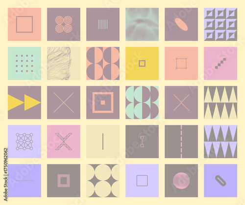 A collage of many squares. Various geometric patterns. Art composition. Cover design template. Illustration for brochure, poster, cover, card, presentation, flyer or banner.