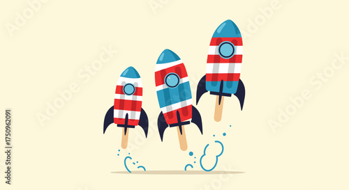Three patriotic popsicles shaped like rockets launching into the sky. 