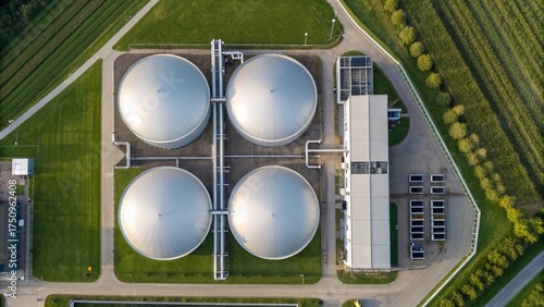 Cutting-edge biogas digester in a modern facility transforming organic waste into renewable biomethane, surrounded by stainless tanks