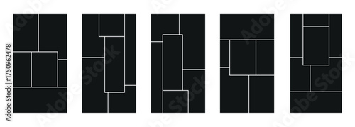 Unique Collages Photo frame. Black color pallet, rectangle frames montage. frames for a photo of a square and rectangular shape. Vector illustration photo album page.  