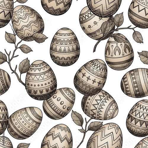 Ornate Easter Eggs Pattern - Hand-Drawn Vintage Style.
