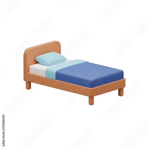 A 3d rendering of a bed with blue sheets and a pillow isolated on transparent background