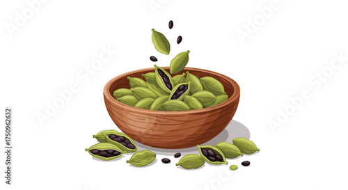 A close up of fresh green cardamom pods falling into a rustic wooden bowl.