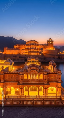 Illuminated Jal Mahal Palace at Dusk, Jaipur, Rajasthan, India.