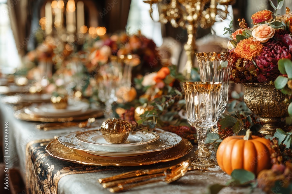 Fototapeta premium Elegant thanksgiving table setting with gold cutlery and fall decorations luxury dining concept sophisticated styling suitable for high-end restaurant marketing. MZ 