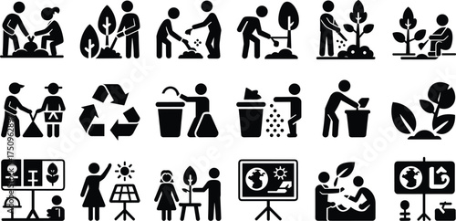 Environmental protection pictogram set, people recycling and planting trees, eco conservation concept, sustainability awareness symbols, green earth care vector icons