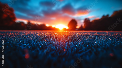 Beautiful sunset over a field of grass with a blurred background of trees