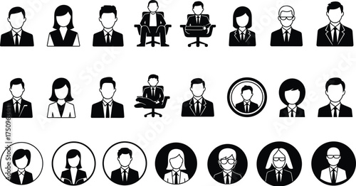 Minimalist business people icons and avatars set, black and white professional character illustration, corporate team and office concept vector