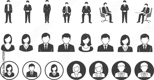 Minimalist business people icons and avatars set, black and white professional character illustration, corporate team and office concept vector