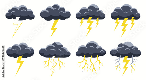 Bild auf Leinwand Collection of Dark Storm Clouds with Yellow Lightning Strikes.