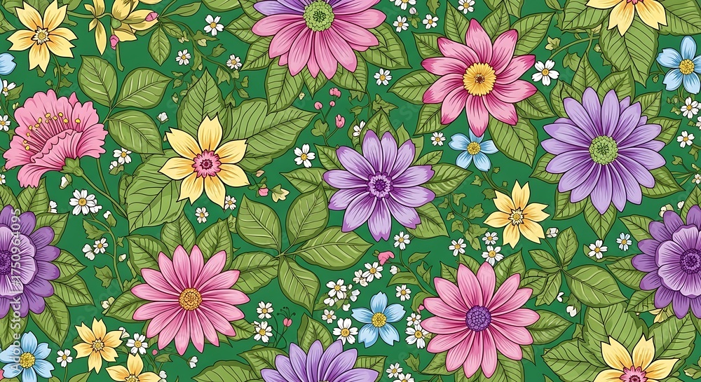 Fototapeta premium Floral Pattern with Vibrant Daisies and Green Leaves, Seamless Design.