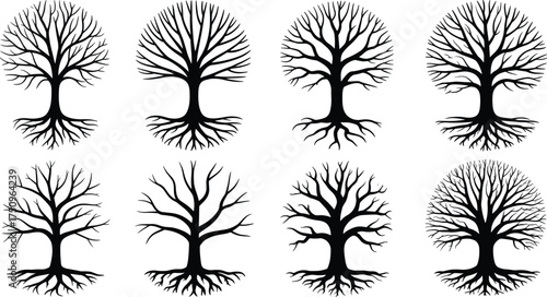 Set of eight black and white tree silhouettes with roots, minimalist nature illustration, life growth and balance concept vector