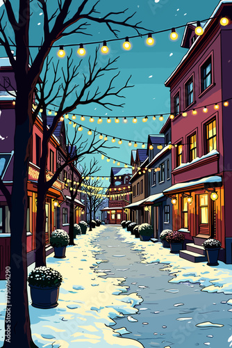 Street with Christmas lights, festive, winter evening, cartoon style
